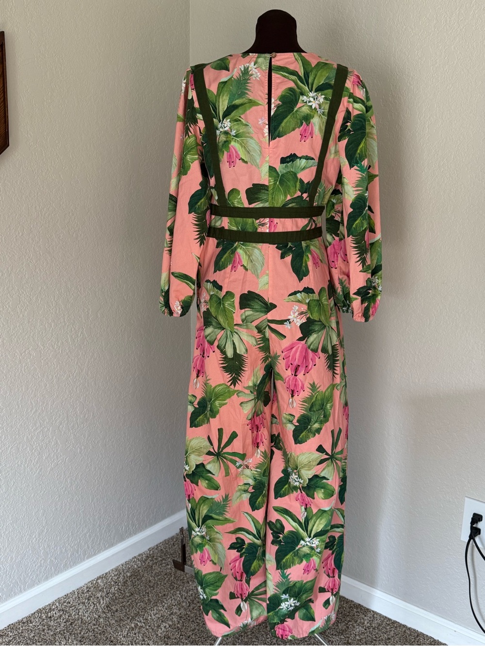FARM Rio for Anthropologie Tropical Cotton Wide Leg Jumpsuit Pink Green Size M - Picture 7 of 12